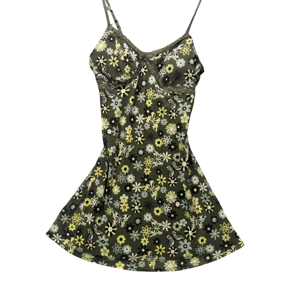 Fairycore‎ Mysterious Boho Floral Butterfly Print Mesh Lace Cami Dress
